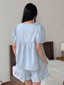 DAZY Bộ đồ ngủ nữ ngọt ngào với bèo nhún, phối màu tương phản, cổ vuông, tay áo cánh hoa, thích hợp cho mùa hè. - Màu xanh lam - Xem 2