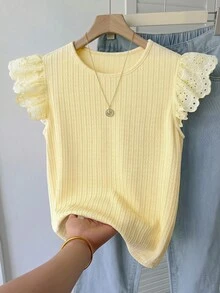 SHEIN 少女夏季休闲镂空刺绣拼接短袖衬衫 - 黃色 - 查看 3
