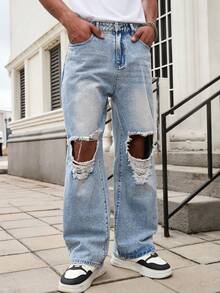 GALLERY FADE Jeans rectos de pierna suelta con efecto desgastado y estampado de copos de nieve, estilo urbano y hip hop - Lavado ligero - Ver 6