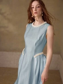 MOTF PREMIUM ELEGANT ROMANTIC FRENCH FASHION DELICATE SLEEVELESS FAUX PEARL RIBBON DECOR WOMEN'S MID-LENGTH DRESS WEDDING FORMAL BIRTHDAY DUSTY BLUE SUMMER - Mint Green - View 4