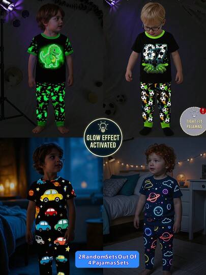 [2 Sets Randomly Sent] 4pcs/Set Toddler Boys' Fashion Casual Comfortable Soft High Stretch Knit Cartoon Number 67 Football Car Dinosaur Glow-In-The-Dark Print Round Neck Short Sleeve Top & Pants Pajama Set