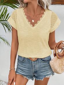 SHEIN Frenchy Solid Color V-Neck Lace Patchwork Casual Short Sleeve T-Shirt,Summer Top - Light Yellow - View 4