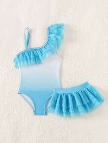 SHEIN Baby Girl Summer Beach Vacation Ombre Asymmetrical Neck Multi-Layer Mesh Ruffle One-Piece Swimsuit And Sarong Skirt Set - Blue - View 3