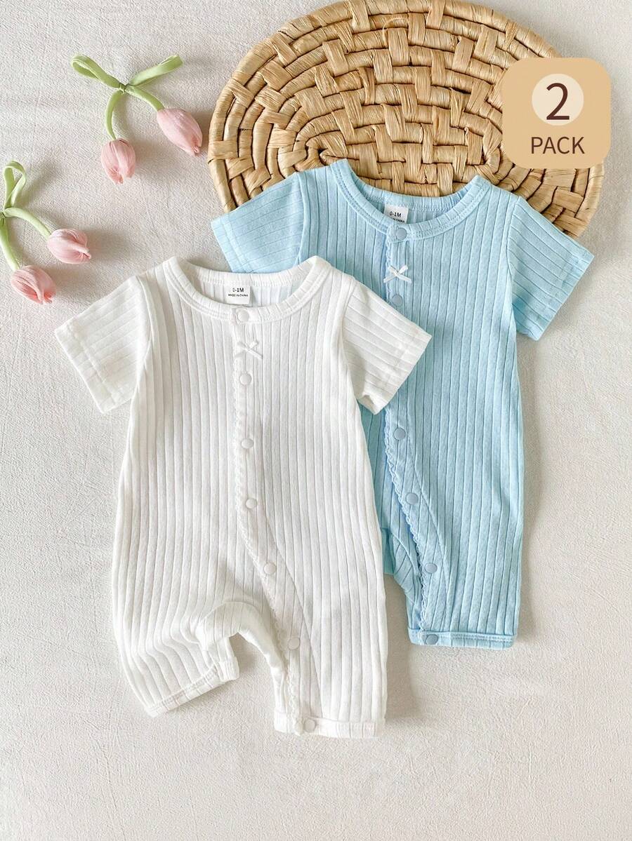 SHEIN Playful Pals 2件/組 新生女嬰連身褲 羅紋針織短袖連身衣 前方蝴蝶結 藍白條紋 夏季可愛親子套裝 彈性 - 淺藍色 - 查看 1