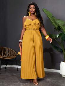 Reflora Plus Size Women Solid Color Backless Tie Pleated Wide Leg Jumpsuit - Yellow - View 5