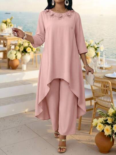 Fleurora Plus Size Summer Elegant 3D Floral Asymmetric Hem Top And Pants 2 Pieces Set Pink Top 3D Rose Work Outfits For Women Festival Outfits For Women Summer Dress Going Out Tops Summer Outfit For Women