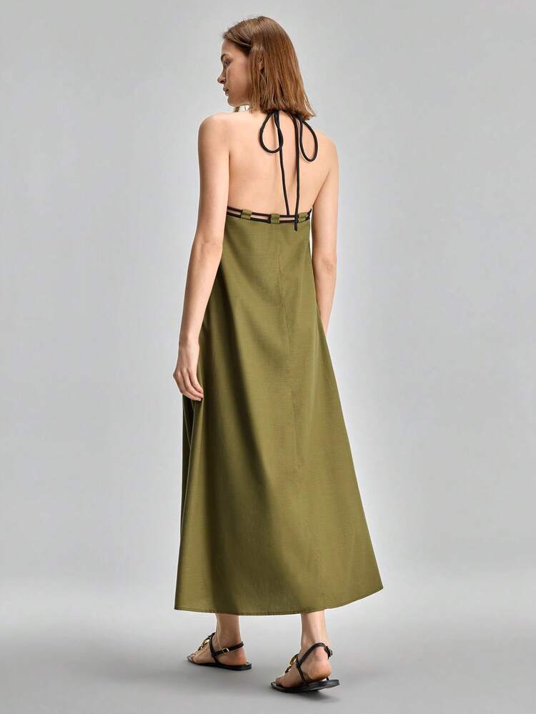 Women's Solid Color Oblique Pocket Halter Backless Casual Dress