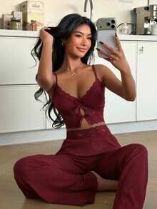 ZzzCrew Bộ đồ ngủ nữ 2 món, áo hai dây ren và quần dài, trang trí nơ, bộ đồ ngủ mùa hè. - Gỗ đỏ - Xem 5