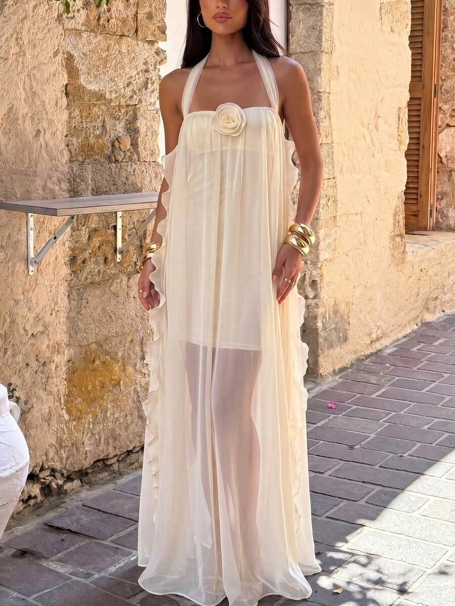 Firerie Vestido elegante, romántico y delicado para vacaciones, invitada de boda, cita, fiesta o baile, de gasa transparente con volantes, sin tirantes, color albaricoque, primavera/verano - Albaricoque - Ver 1