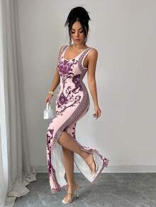 SHEIN Elenzya Printed Chinoiserie Waist-Cinching Slit Retro Elegant Middle Eastern UAE Style Robe, Tight Fit, Pink, Sleeveless Night Out Vacation Summer - Coral Pink - View 6