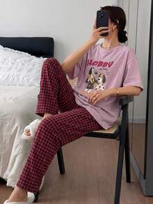 DAZY 可愛小狗印花寬鬆短袖T恤與格紋直筒長款睡褲2件組，夏季女款睡衣套裝 - 粉色 - 查看 4