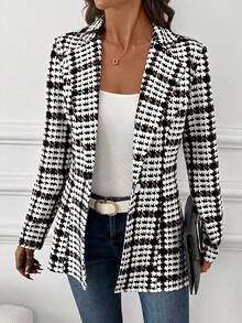 SHEIN Clasi Women's Elegant Plaid Blazer Jacket, Versatile Long Sleeve Blazer For Commuting, Classic Checkered Outerwear For Autumn - Brown - View 5