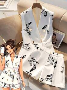 SHEIN Clasi 2件套加大码女式V领无袖收腰数码印花背心，春夏款 - 彩色 - 查看 1