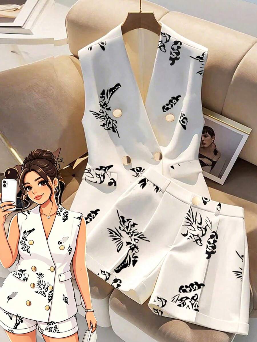 SHEIN Clasi 2件套加大码女式V领无袖收腰数码印花背心,春夏款 - 彩色 - 查看 1
