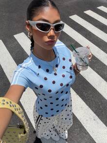 Muchica Women's Polka Dot Short Sleeve Top And Pants Casual Athleisure Sportswear Set City Break Vacation Match Day World Cup Football Gym Blue Summer - Multicolor - View 9