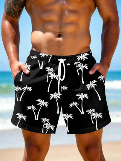 VIVINTIMO Quần short đi biển nam màu đen in hình cây cọ, kiểu dáng tối giản và thanh lịch, phù hợp cho các chuyến đi chơi, kỳ nghỉ trên đảo, trang phục nghỉ dưỡng ở Hawaii.