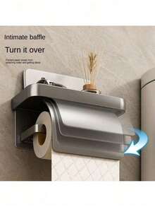 1 Set Wall Mounted Toilet Paper Holder - Self-Adhesive, Large Roll Size, Gray/Black With Shelf, Suitable For Bathroom, Suitable For Various Bathroom Styles - Simple Atmosphere No-Punch Restroom Wall Mounted Tissue Holder Bathroom Decor Fall Decor - 1set - View 2