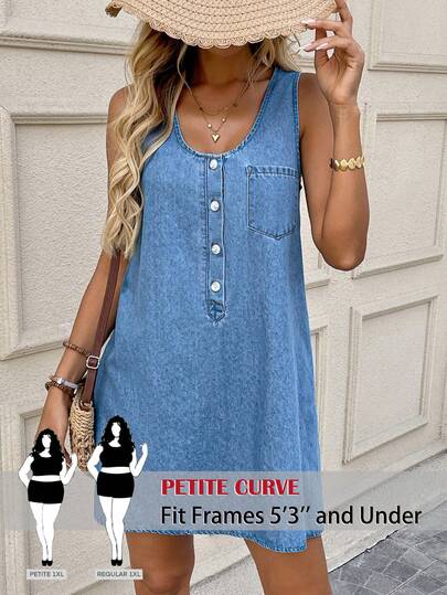 SHEIN PETITE CURVE PETITE CURVE 大码女式无袖牛仔连衣裙，休闲日常及夏季女装
