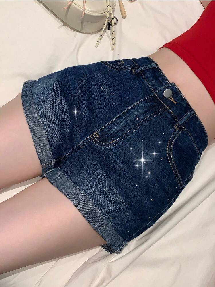 Women's Shiny Rhinestone Decor Sporty Leggings, Slim Fit Casual Vacation Straight Leg Jeans Shorts Y2k