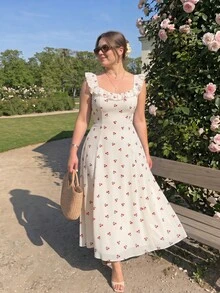 SHEIN MOD 加大码杏桃花印花长裙，夏季荷叶边方领连衣裙，度假装，女生节日派对，姐妹聚会 - 杏色 - 查看 1