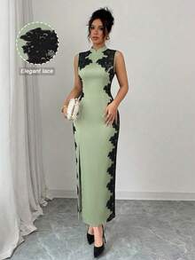 SHEIN Elenzya 鼠尾草綠夏季優雅婚禮賓客蕾絲拼接旗袍風無袖開衩貼身長洋裝，奢華中式約會晚宴派對穿搭 - 綠松石色 - 查看 3