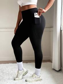 SHEIN Rhythm Era Quần yoga thể thao nữ, quần legging bó sát, màu đen, thời trang đa năng với túi hai bên. - màu đen - Xem 3