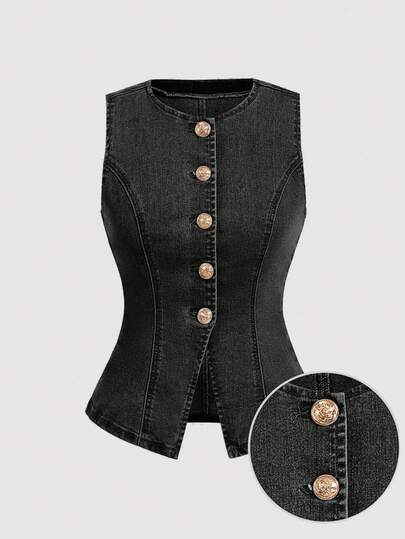 SHEIN MOD بلوزة جينز أنيقة وعملية ذات صدر واحد للاستخدام اليومي للنساء
