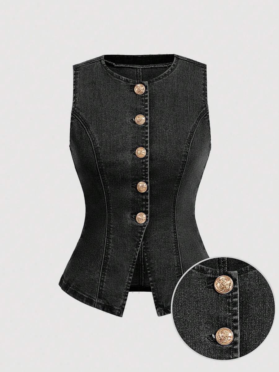 SHEIN MOD 女款單排扣休閒百搭牛仔上衣,適合日常穿著 - 黑色 - 查看 1