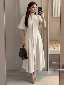 Heiryn 女士纯色休闲简约中长连衣裙，适合派对和外出穿着 - 卡其色 - 查看 7
