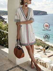 SHEIN Holidaya Đầm ngắn nữ cổ chữ V sâu, họa tiết sọc tương phản, thích hợp cho kỳ nghỉ. - Màu be - Xem 5