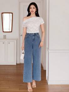 DAZY Women's Loose Casual Sexy Textured Straight-Leg Denim Jeans, Spring Summer Swimming Pastal - Blue - View 5
