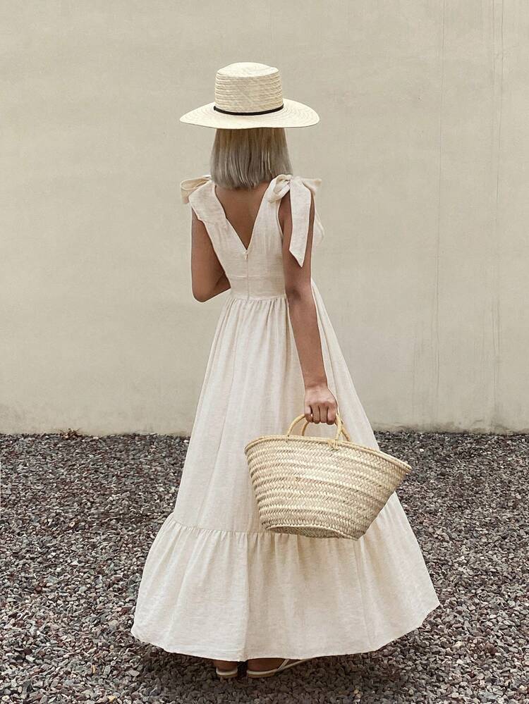 Casual Vacation Style Bow Tie V-Neck Long Dress For Women, Spring & Summer