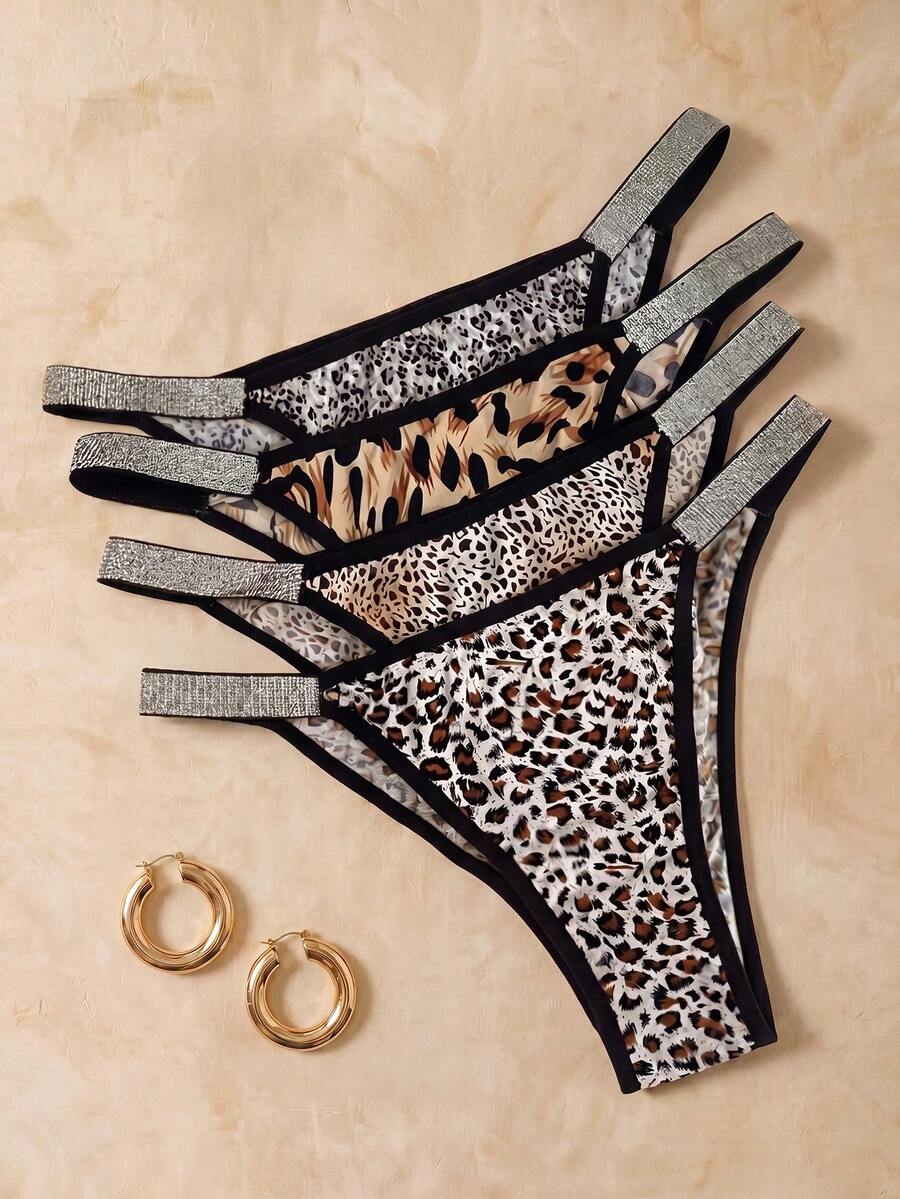 HautHeat 4 Pairs Women Solid Color Patchwork Simple Casual Panties ClassicAnimalPrint - Multicolor - View 1