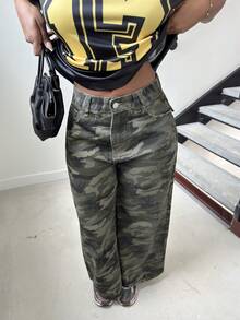 Alexandranx 女式宽松迷彩直筒牛仔裤，带口袋 - 軍綠色 - 查看 6