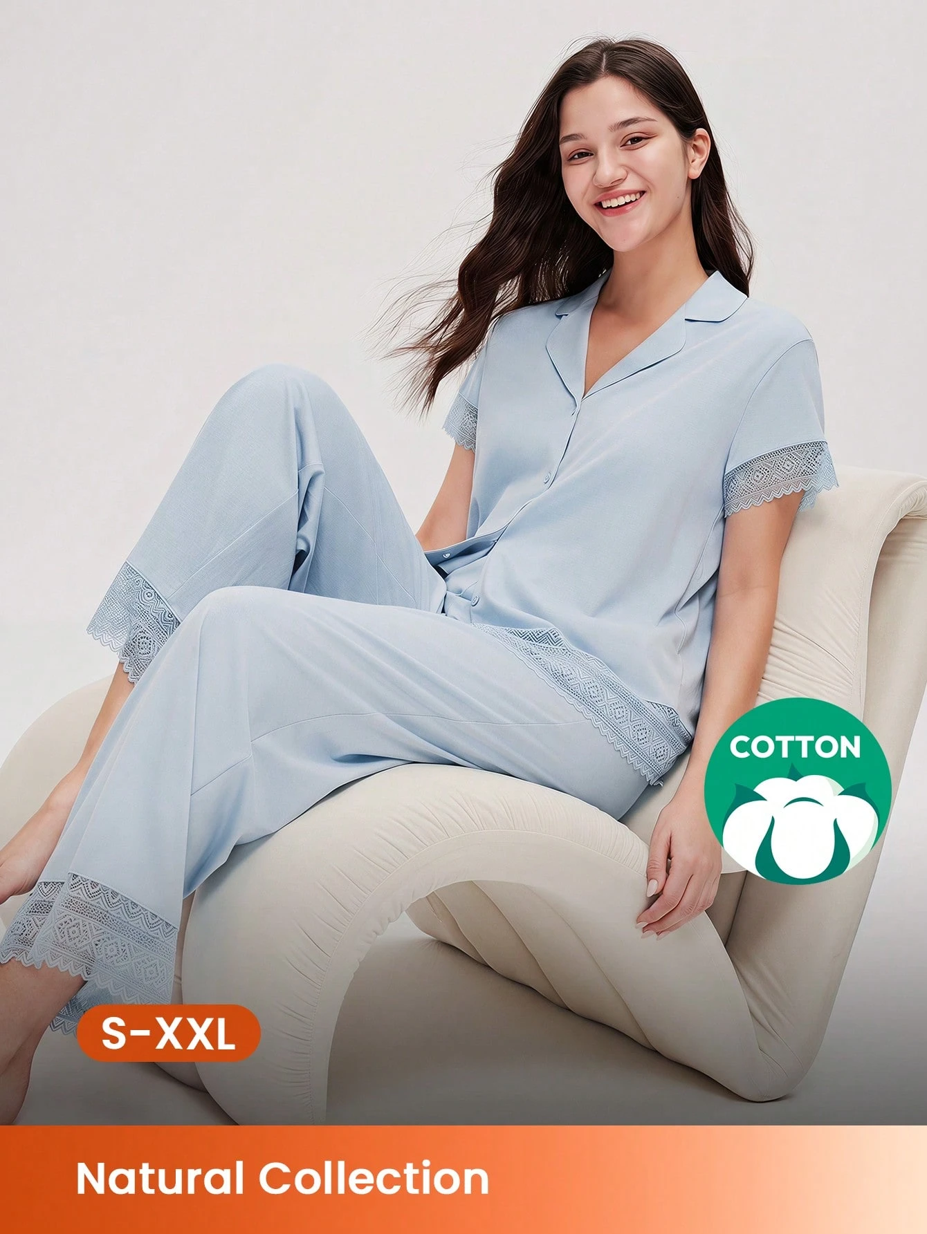 Set di pigiama da donna in cotone traspirante con pizzo elegante, top con maniche corte e bottoni, pantaloni con tasche, lingerie romantica per rilassarsi comodamente a casa