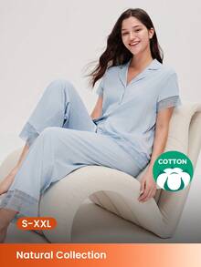 LUVLETTE Bộ đồ ngủ ngắn tay cài cúc bằng cotton thoáng khí dành cho nữ, có ren, viền ren thanh lịch, thích hợp mặc ở nhà, gồm áo và quần, quần có túi, đồ lót lãng mạn, ấm cúng. - Màu xanh nhạt - Xem 1