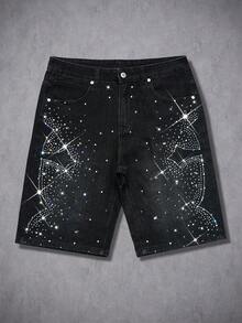 Manfinity LEGND Men's Gothic Street Style Cross Rhinestone Decor Loose Washed Black Denim Shorts - Black - View 5