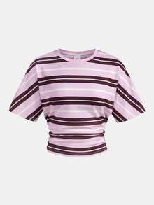 Girlism Áo thun croptop dệt kim in sọc nhún bèo dành cho thiếu nữ, áo tay ngắn casual cho trẻ em và thanh thiếu niên, thích hợp mặc hàng ngày, đi làm, dự tiệc trang trọng, lễ tốt nghiệp, kỳ nghỉ. - Hồng - Xem 7