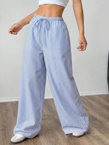 SHEIN PETITE CURVE 大码女式腰带条纹阔腿宽松休闲裤 - 藍色 - 查看 3