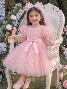 SHEIN Glamorique Kids 少女粉色花瓣袖波浪优雅连衣裙，配腰带，适合派对、宴会和夏季穿着 - 杏色 - 查看 1