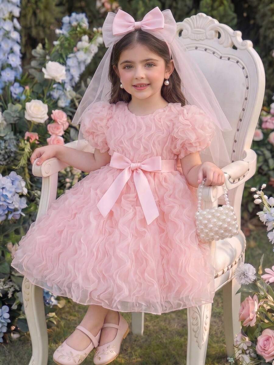 SHEIN Glamorique Kids 少女粉色花瓣袖波浪优雅连衣裙,配腰带,适合派对、宴会和夏季穿着 - 杏色 - 查看 1