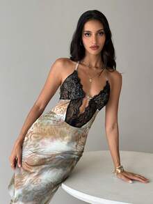 Aloruh Damen Frühlings- & Sommer-Urlaubskleid mit Leoparden Batik-Muster, Mesh-Muster, Neckholder, Spitzen-Patchwork, extra langem Schlitz und Rüschensaum - Verschiedenfarbig - Übersicht 8