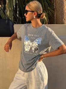 Livesso Women's Shiny Sequin Butterfly Letter Print Grey Top, Loose Casual Streetwear Short Sleeve T-Shirt, Summer City Break Music Festival Vacation Vibe - Grey - View 5