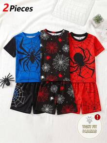 Young BoySpider Graphic Print Crew Neck Short Sleeve Shorts 2-Piece Pajama Set, Stretchy Knit Fabric, Comfortable & Soft, Black - Black - View 4