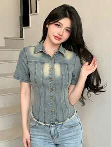 DAZY 复古水洗浅蓝色毛边拼接休闲甜美少女风修身宽松度假街头风轻薄户外短袖女式牛仔外套，适合春夏Y2K风格 - 淺色水洗藍 - 查看 5