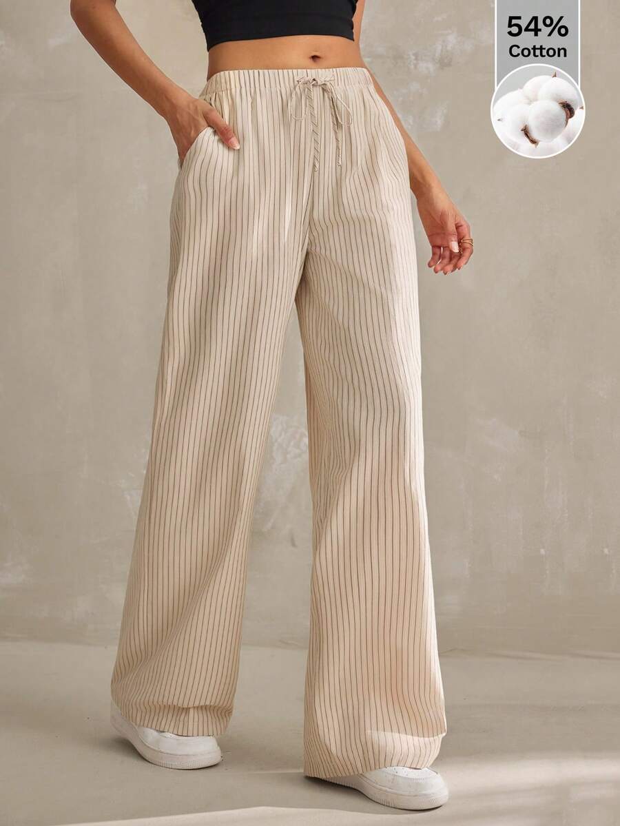 SHEIN Tall Pantalones casuales de mujer con estampado de rayas y bolsillo con nudo - Caqui - Ver 1