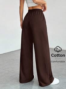 SHEIN PETITE Quần nỉ ống rộng dệt kim màu trơn thoải mái và giản dị dành cho nữ - Cà phê nâu - Xem 2