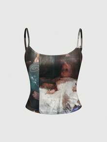 ROMWE Avant Camiseta de tirantes estilo palacio misterioso vintage para mujer, primavera/verano - Negro - Ver 1