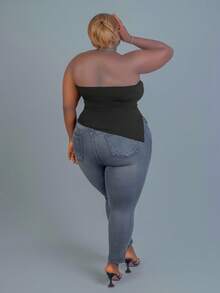 CurvyTilda Plus Size Casual Distressed Slim Fit Denim Jeans, For Hourglass Body Shape - Black - View 4
