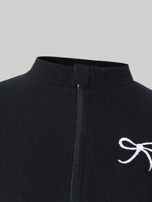 SHEIN 女童纯色蝴蝶结装饰领休闲上衣和紧身裤两件套运动服 - 彩色 - 查看 8